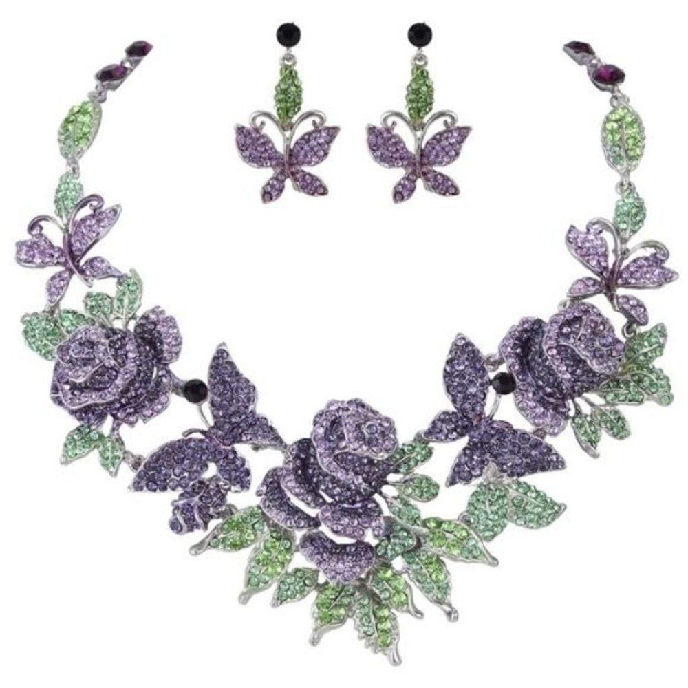 Silver with Purple Austrian Crystal Butterfly and Rose Necklace and Earrings Set